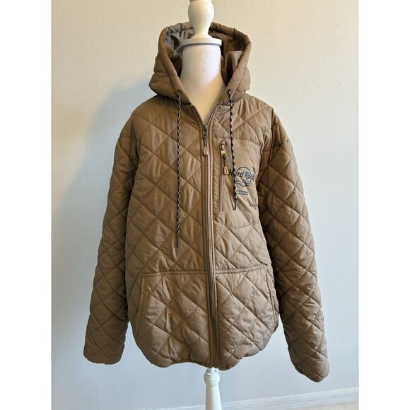 Hard Rock Cafe Bomber Puffer Jacket Men L Snow Coat Retro Ski Tan Brown Hoodie - Picture 15 of 16